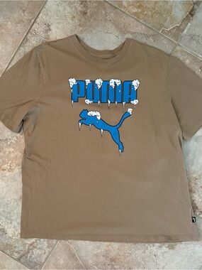 PUMA Graphic Logo T-Shirt Beige Blue XL Men's Cotton Crew Neck Short Sleeve